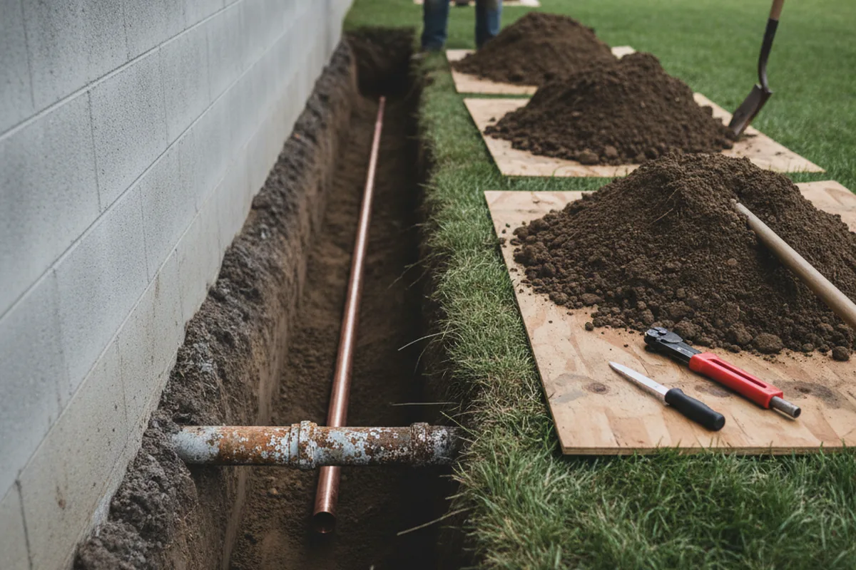 Excavated water line trench during Water Softener Installation in Anderson Island